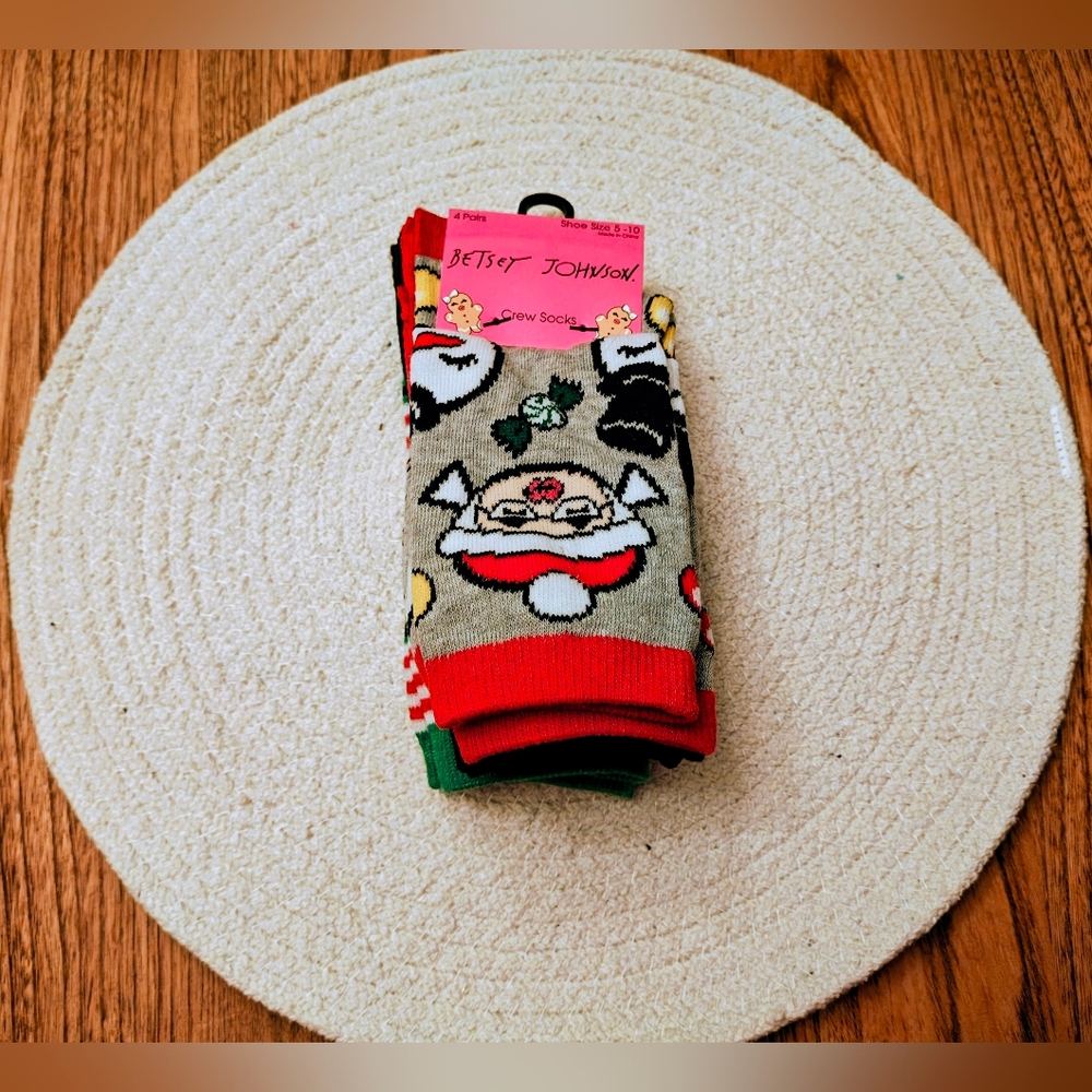 BNWT Betsey Johnson Festive Santa Crew Socks - Red, Green, and Gray 3 Pairs